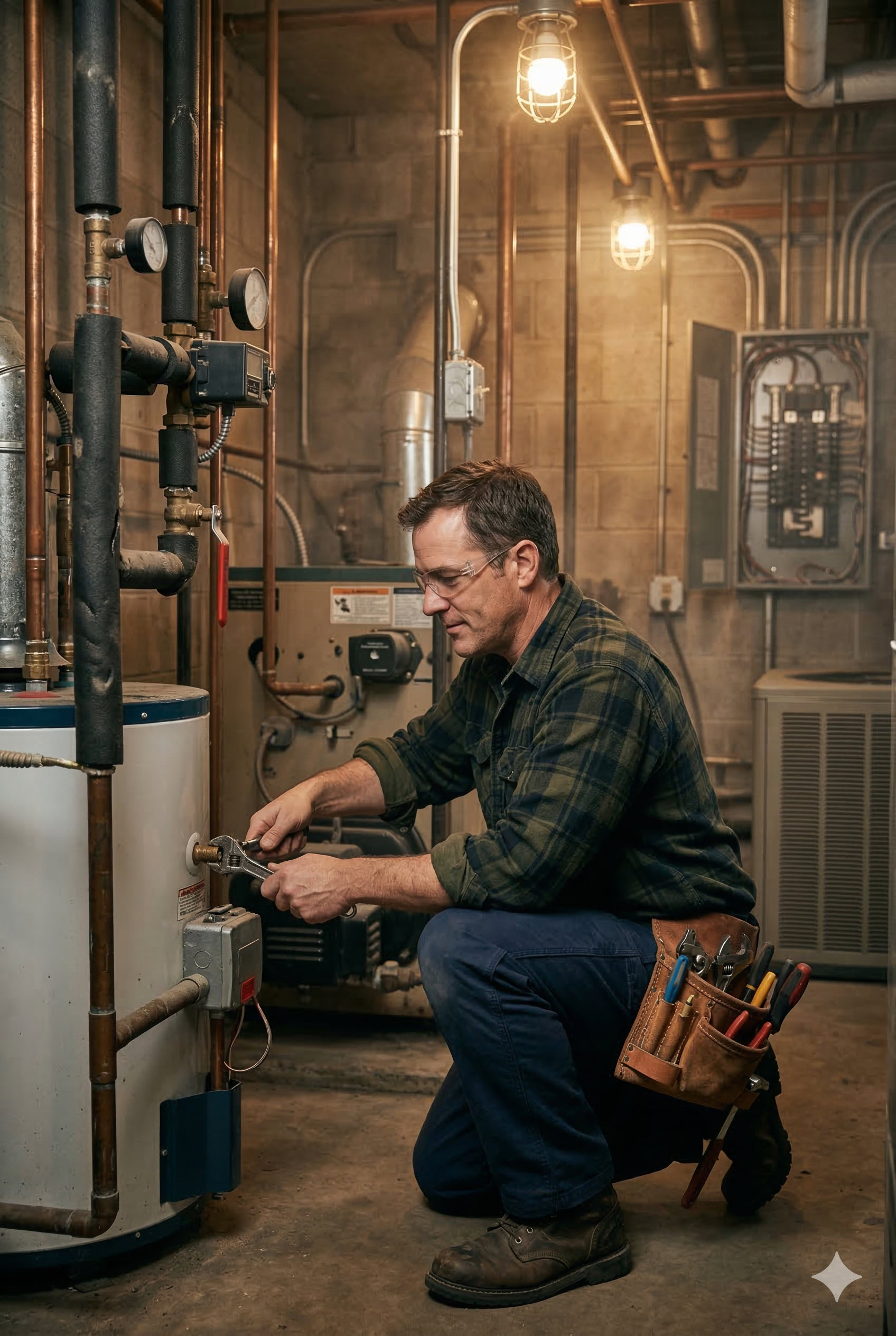 Plumber working on a water heater