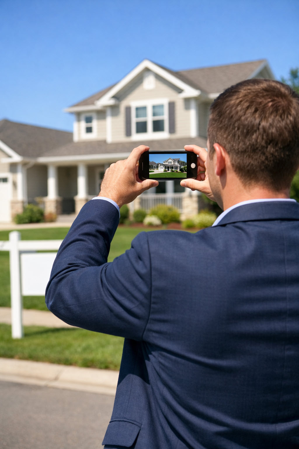 Real estate agent photographing a house