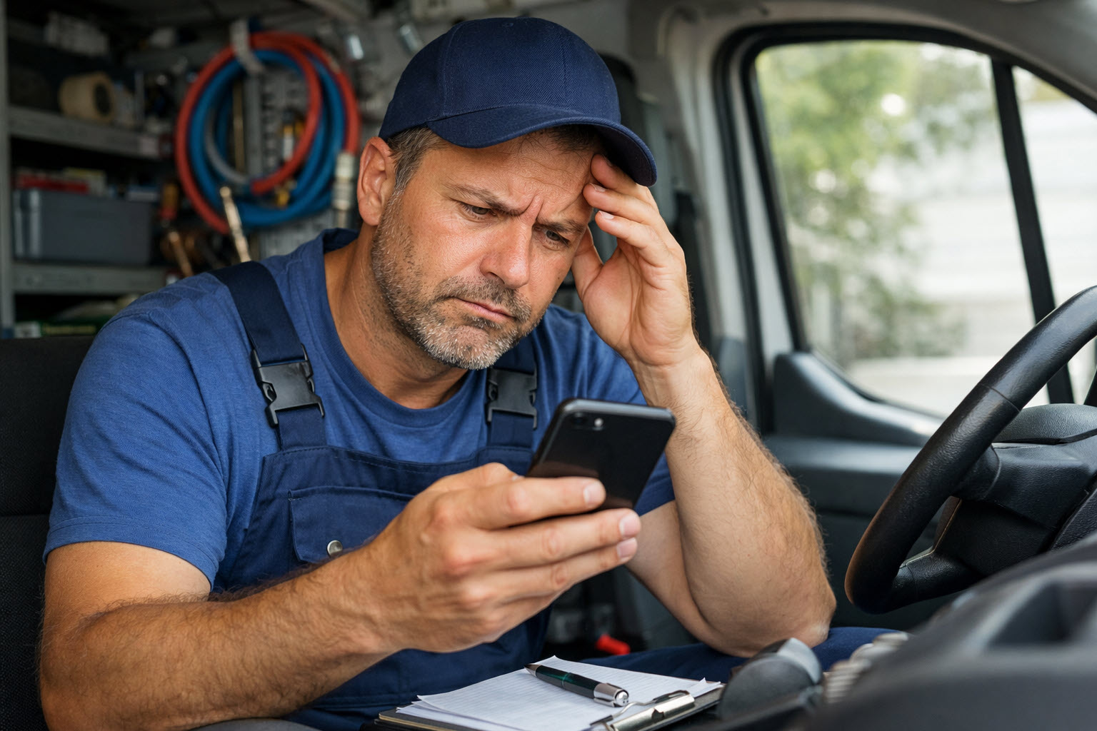 Frustrated plumber in work van