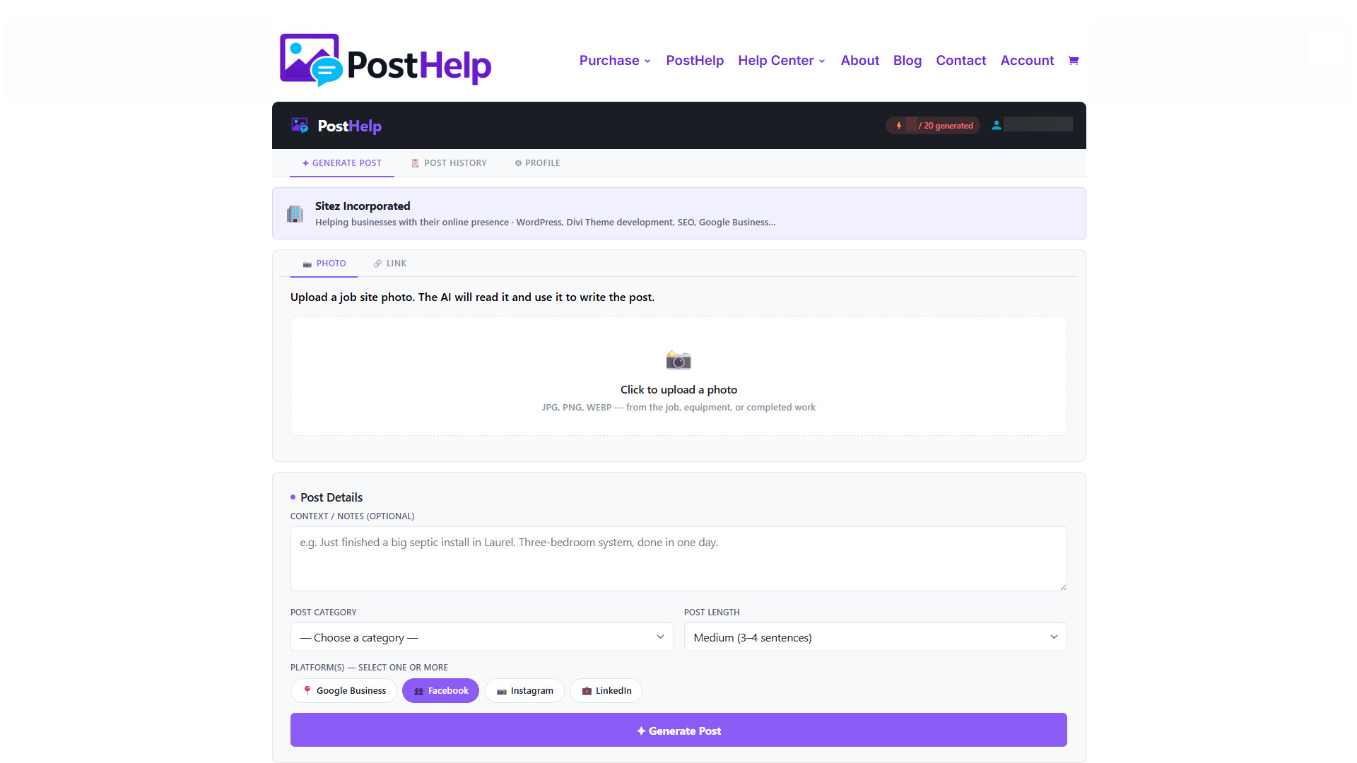 Main PostHelp page with Photo and Link Options