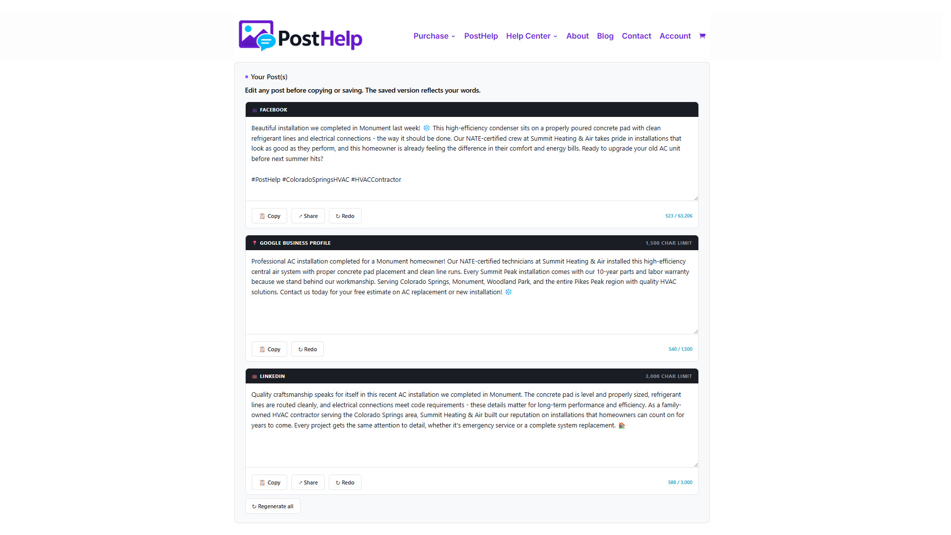 Generated captions for GBP / Facebook / Instagram / LinkedIn with Edit / Redo / Copy buttons