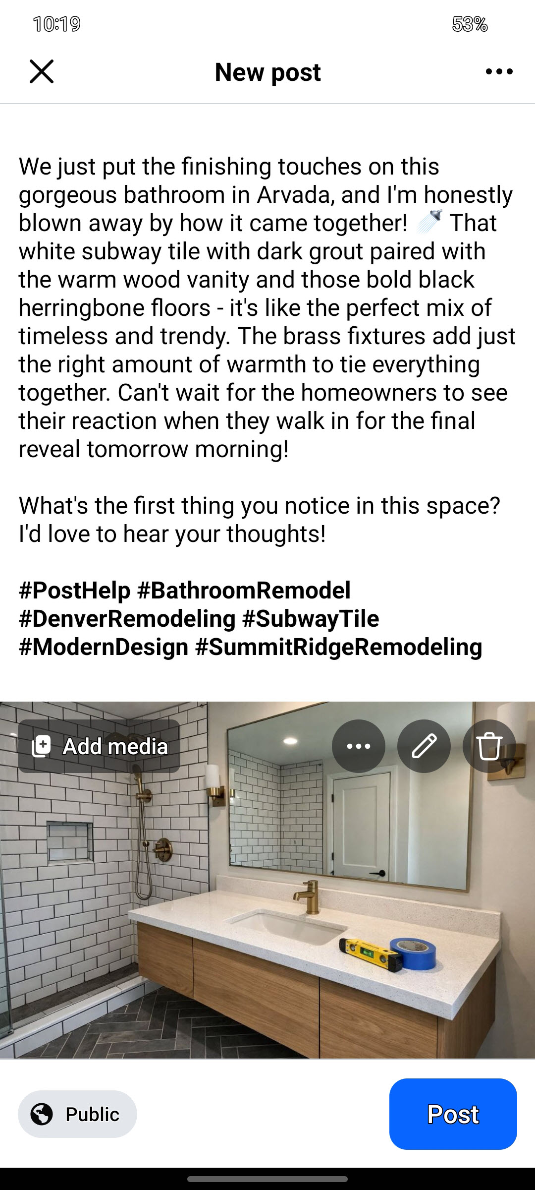 Facebook Page composer with caption pasted and photo attached